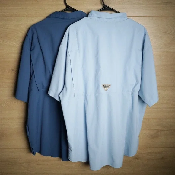 2x Columbia PFG‎ Fishing Shirt Blue Short Sleeve Mens Vented Quick Dry Omnishade - Picture 2 of 8